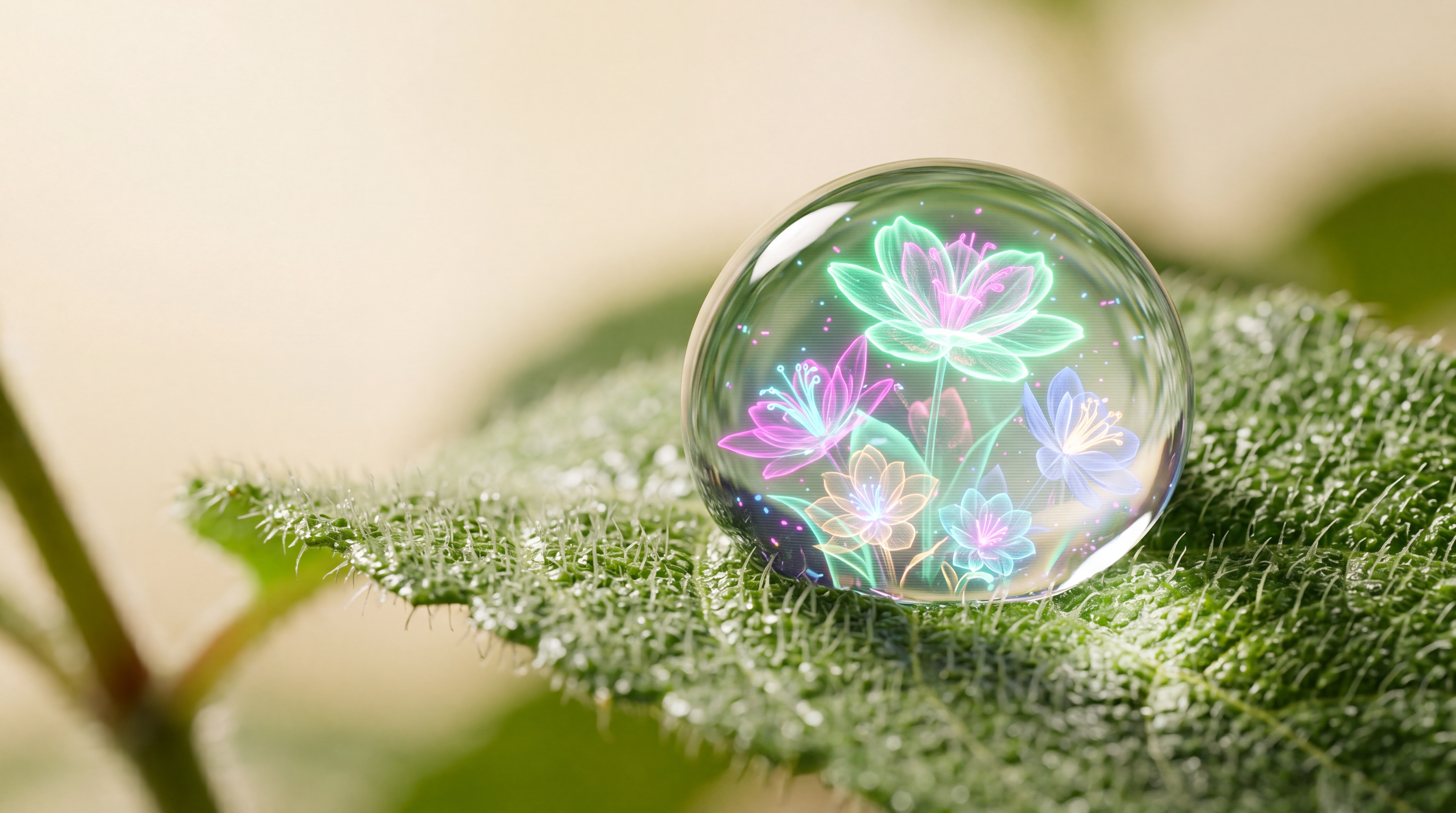 A dewdrop on a leaf holding a tiny garden of holographic neon flowers